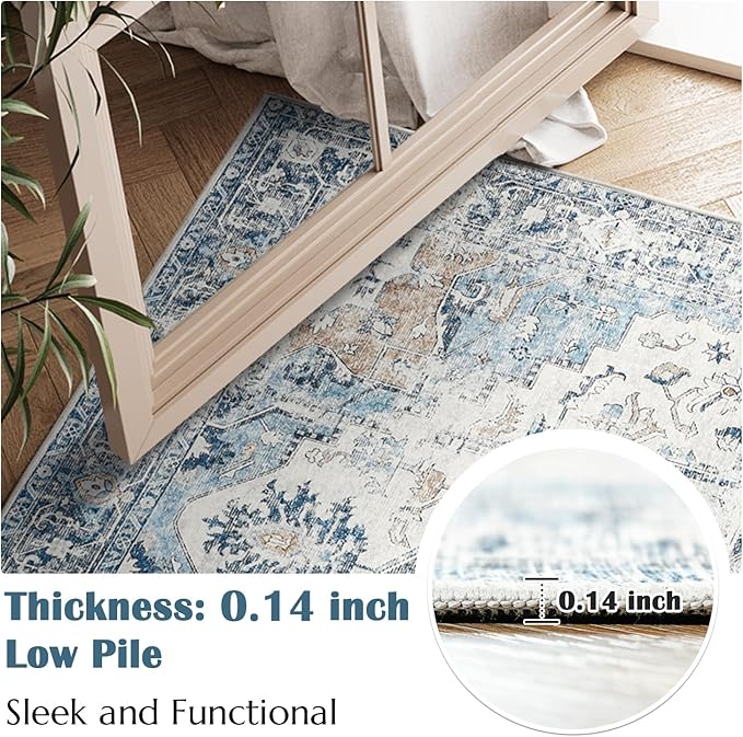 jinchan Area Rug 8x10 Washable Living Room Rug Vintage Indoor Large Floor Cover Distressed Lightweight Non-Slip Low Pile Thin Mat Accent Stain Resistant Carpet for Bedroom Dining Room Office Blue