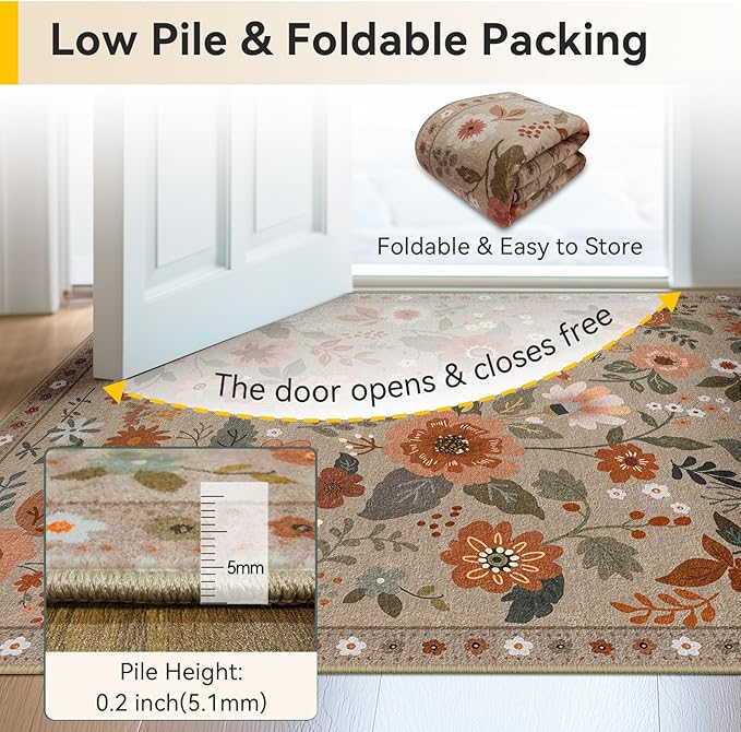 Floral 6x9 Area Rug Machine Washable Soft Print Boho Carpet Non Slip Doormat Low Pile Flower Area Rugs for Living Room Bedroom Nursery Kitchen Dining Room Indoor-Brown/Brick