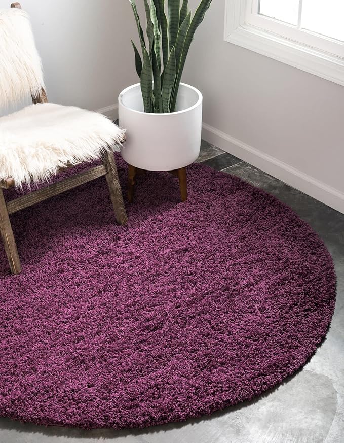 Unique Loom Solid Shag Collection Area Rug (4' 1" Round, Eggplant Purple)