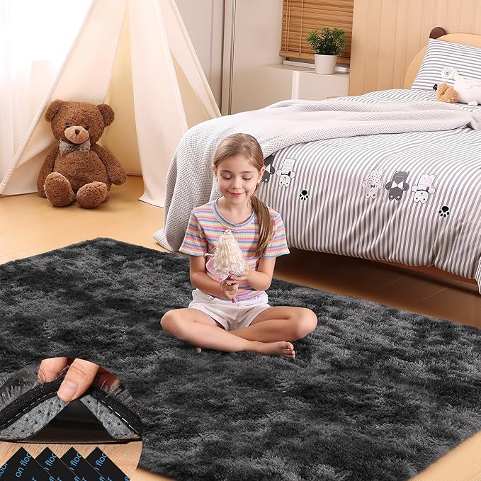 4x6 Rugs for Bedroom, Fluffy Small Area Rugs for Living Room, Soft Shag Fuzzy Carpet with 4 Non-Slip Stickers for Kids Boys and Girls Nursery Dorm Home Decor (Tie-Dyed Black Grey, 4ft x 6ft)
