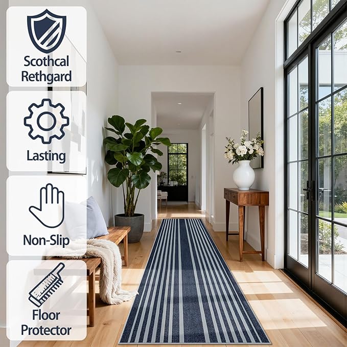 Beeiva Striped Blue Runners for Hallways, 2.5x8 Washable Bathroom Runner with Rubber Backed, Non Slip Soft Low Pile Indoor Floor Carpet for Kitchen Bedroom Porch High Traffic Areas