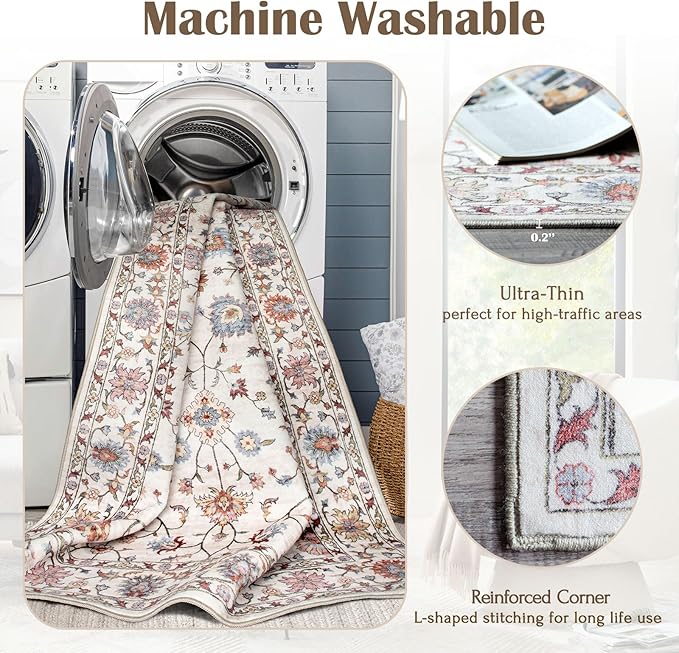 Washable Area Rug 8x10 - Large Cream Colorful Boho Rugs for Living Room Soft Vintage Bedroom Rug Ultra-Thin Traditional Floral Carpet Farmhouse Rug for Dining Room Guest Room Home Decor