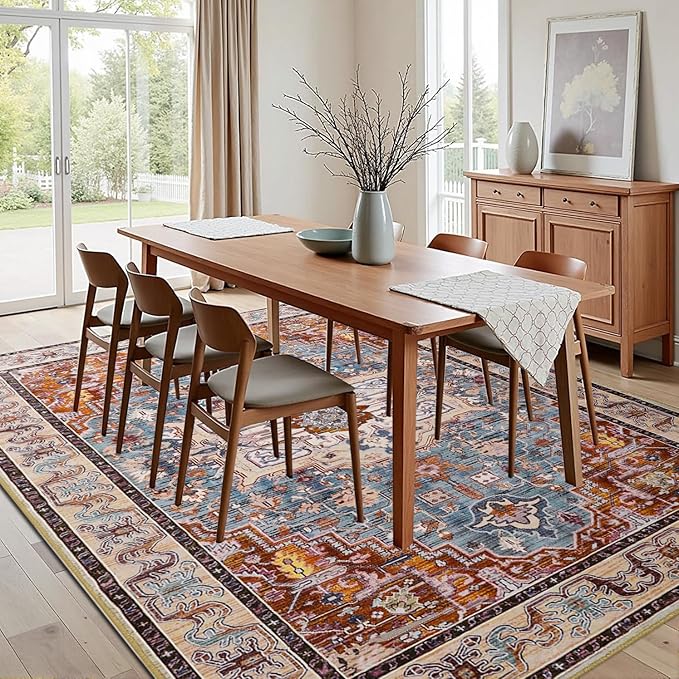 8x10 Large Area Rugs for Living Room, Washable Vintage Rugs-Low Pile Carpet, Non-Slip Soft Distressed Printed Patterns Rugs for Bedroom, Dining Room, Rust Brown