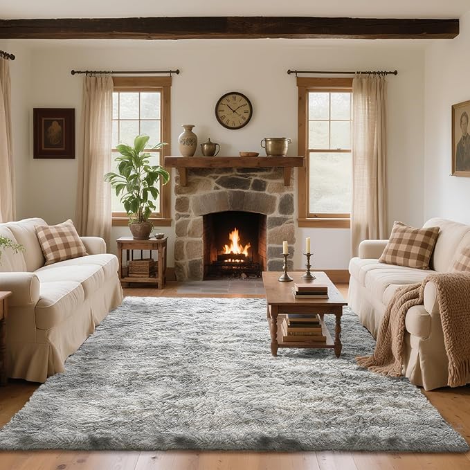 8x10 Area Rugs for Living Room Bedroom, Soft Fluffy Shaggy Bedside Rug, Indoor Floor Carpet for Kids Playroom, Dorms, Nursery Rooms, Home Decor (Tie-Dyed Light Grey 8'x10')