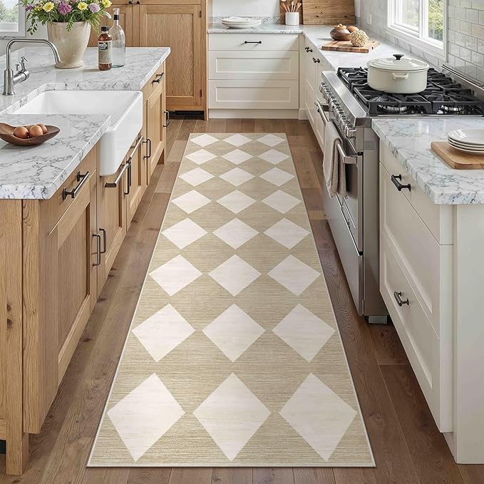 2x8 Runner Checkered Rug for Hallways Beige Washable Long Carpet Non-Slip Low Pile Boho Indoor Accent Throw Rug for Entrance Kitchen Bedroom Dining Laundry
