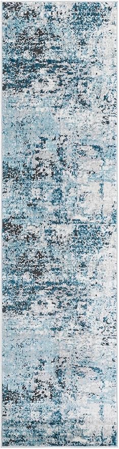 Rugs.com Leipzig Collection Rug – 8 Ft Runner Blue Low-Pile Rug Perfect for Hallways, Entryways