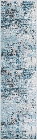 Rugs.com Leipzig Collection Rug – 8 Ft Runner Blue Low-Pile Rug Perfect for Hallways, Entryways