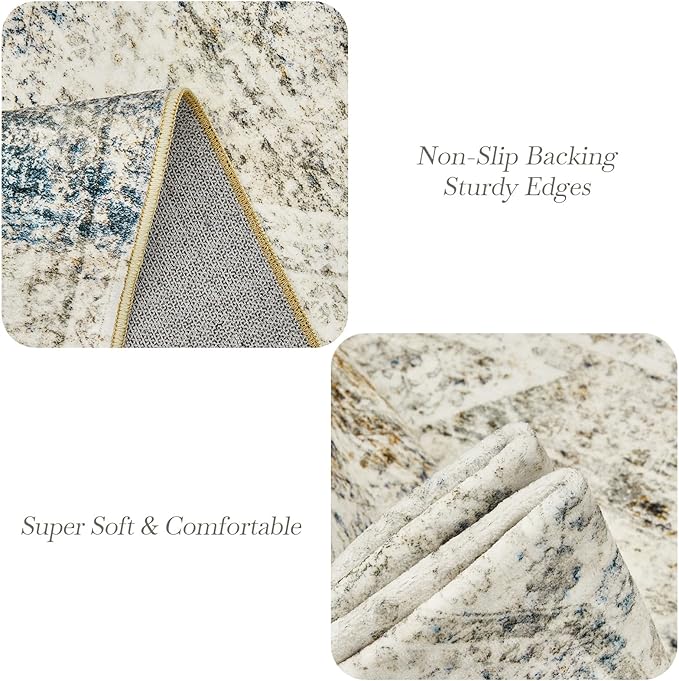 5x7 Area Rugs Blue Ivory Low Pile Indoor Washable Trendy Faded Style Rugs for Bedroom Living Room Dining Room Foldable Non-Slip Thin Print Mat