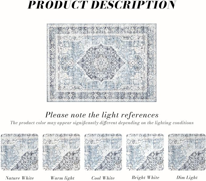 Area Rug 6×9, Large Vintage Boho Rug,Ultra-Soft Low Pile, Washable, Non Slip,Stain Resistant, Printed Carpet for Living Room Bedrooms Playroom Office Kitchen, Light Blue