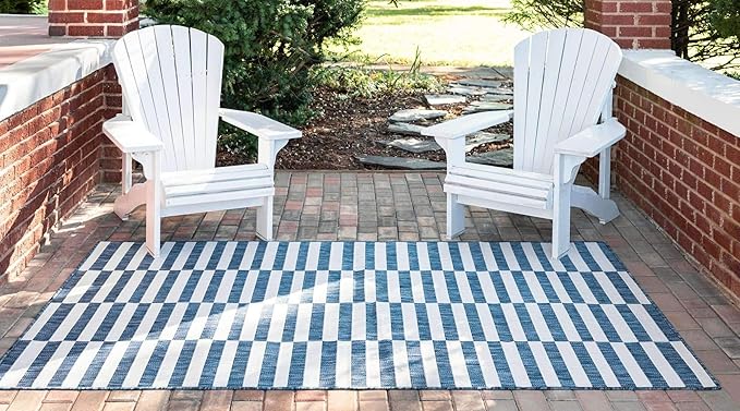 Unique Loom Outdoor Striped Collection Area Rug - Striped (7' 1" x 10' Rectangle, Blue/Ivory)