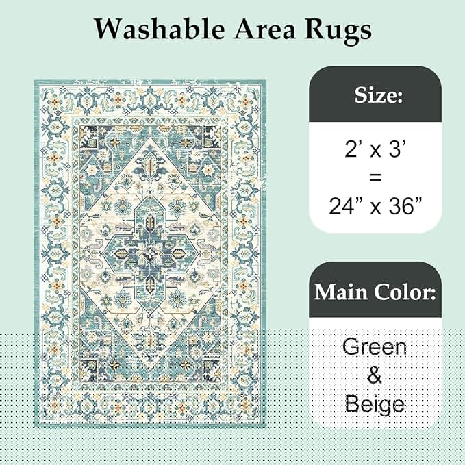 VK VK·LIVING Entryway Washable Rug 2'x3' Small Boho Bathroom Throw Area Rug Non Slip Doormat Indoor Front Door Machine Washable Carpet for Bathroom Kitchen Vintage (Green Beige)
