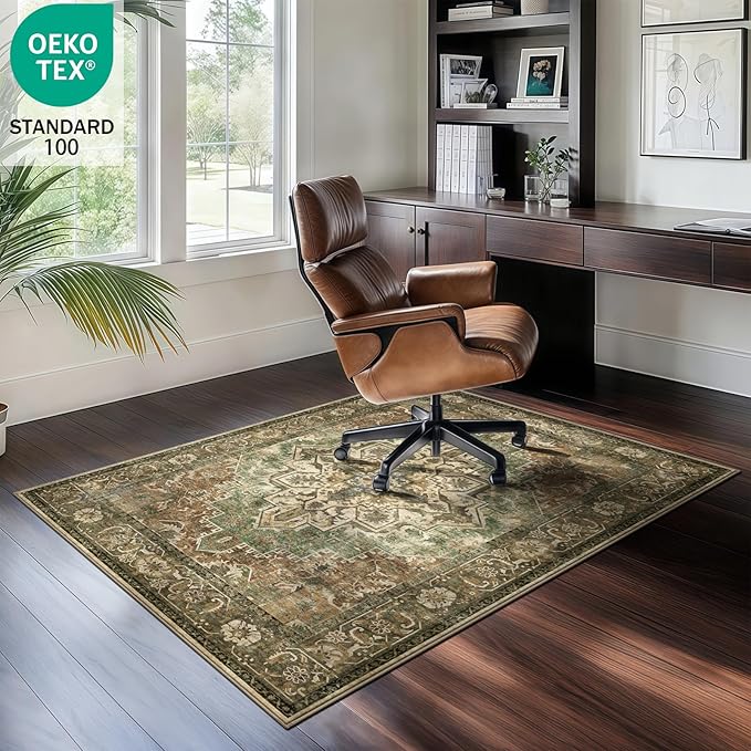 4x6 Machine Washable Area Rug for Living Room, Brown Green Boho Vintage Floral Rug Large Non-Slip Low Pile Soft Faux Wool Carpet, Kids and Pets Friendly for Bedroom Dining Room Farmhouse Decor Rug