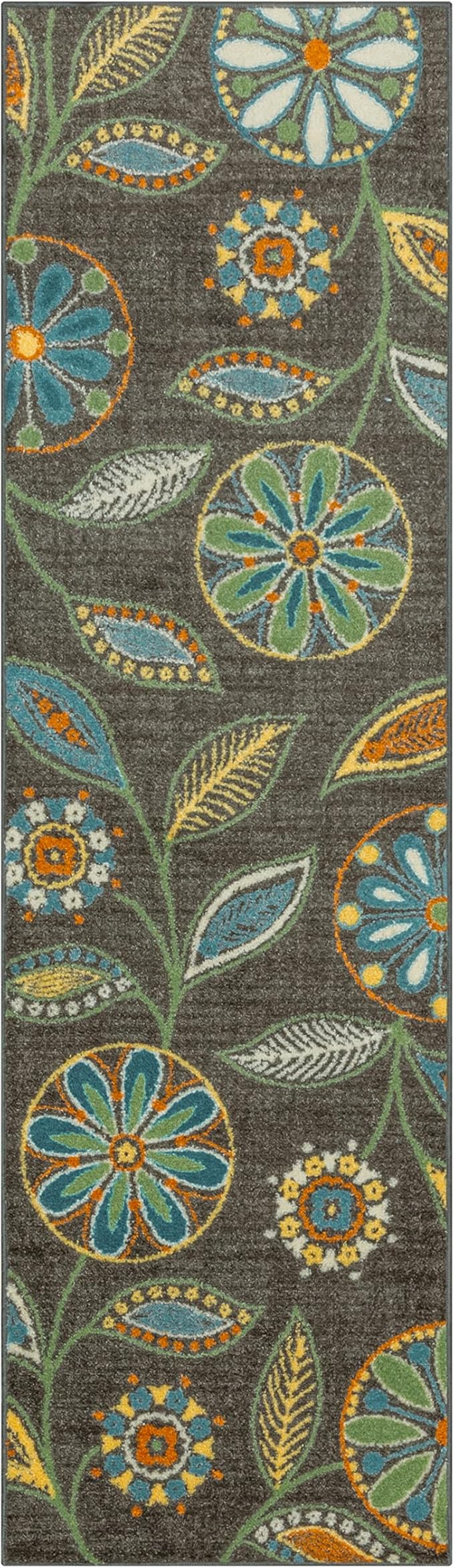 Maples Rugs Reggie Floral Runner Rug - Made in USA - Washable, Non Slip Indoor Carpet for Kitchen, Hallway, and Laundry Room, 2' x 7', Dark Grey