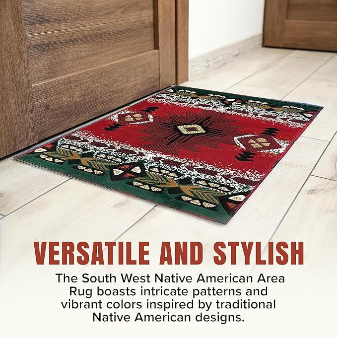 YHSF South West Native American Area Rug C318 - Easy Clean, Thick, Soft, Durable Native Tribal American Indian Inspired Rug for Bedroom/Living Room and More - Red, 3 Feet 10 Inches x 5 Feet 2 Inches