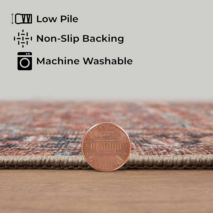 GLN Rugs Traditional Collection - Machine Washable Area Rug, Traditional Washable, Non Slip, Low Pile Chenille Rug, Living Room, Bedroom, Kitchen Rug (9' x 12' Terra/Multicolor 1168)