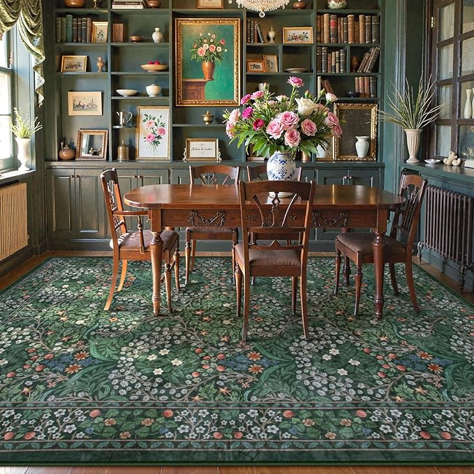 Lahome Floral Dark Green Area Rugs 8x10, Soft 8x10 Washable Rugs for Living Room Bedroom, Boho Non-Slip Forest Large Throw Carpet for Farmhouse Dining Room Office, Dark Green