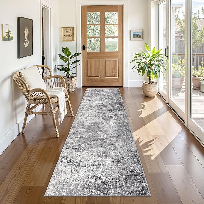 2X8 Washable Runner Rug for Hallway: Soft Neutral Modern Abstract Area Rug - Non-Slip Low Pile Long Throw Indoor Carpet for Kitchen Entryway Kitchen Bedroom Laundry - Grey