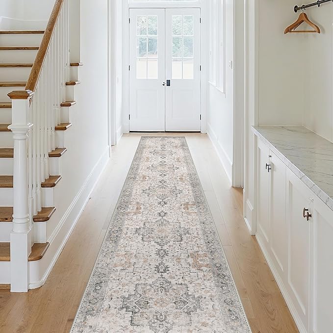GENIMO Runner Rug 3x10, Non Slip Vintage Hallway Runner Rugs, Low Pile Lightweight Machine Washable Mat for Hallway, Entryway, Bedroom, Kitchen and Corridor, Light Taupe Brown