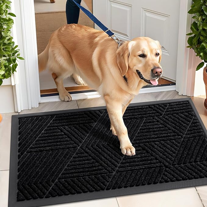 Kitinjoy Front Door Mat Outside Entrance, Sturdy Natural Dirt Trapper, Heavy Duty Rubber Doormat, Low Profile Non-Slip Backing, Easy Clean Floor Mat for Indoor Outdoor Entry, 35X23 Inch, Black