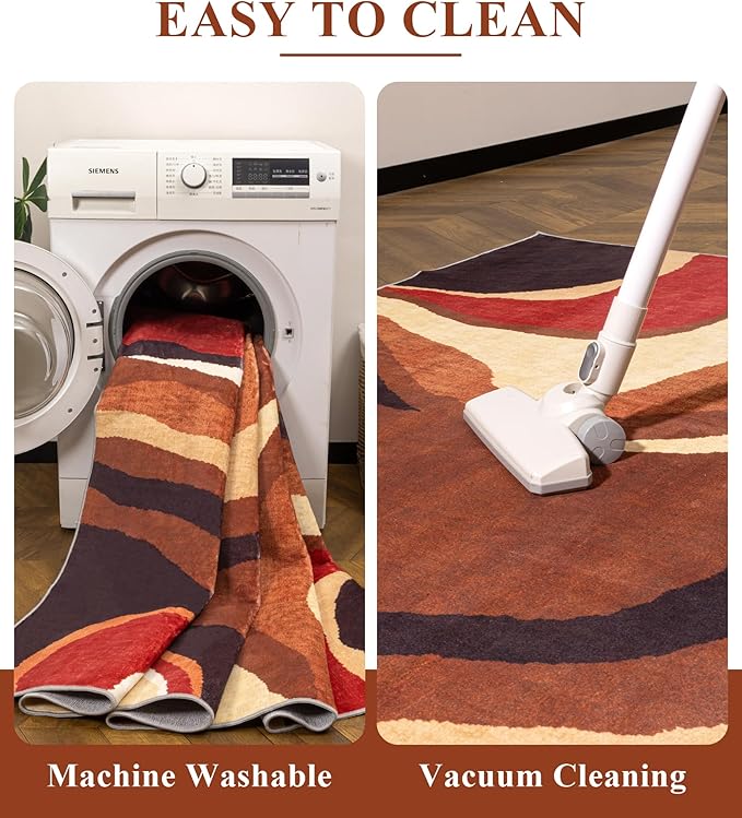 YIHOUSE Burnt Orange Rug 4x6 Washable,Farmhouse Brown Retro Carpets,Geometric Abstract Wavy Rug for Bedroom,Unique Colorful Rugs for Living Room,Dining Room,Bedside Rugs