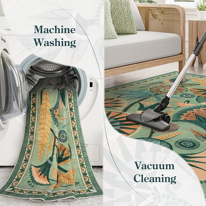5x7 Floral Rug, Green Rug for Living Room, Washable Low Pile Bedroom Rugs, Non Slip Throw Rugs with Rubber Backing, Soft Carpet for Dining Room Home Office Playroom