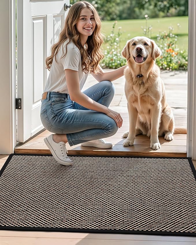 DEXI Ultra Thin Entryway Door Mat 24x36, Non Slip Rubber Backing Inside Entry Mat, Low Profile Easy Clean Dirt Trapper Doormat for Inside Entrance Patio, Black