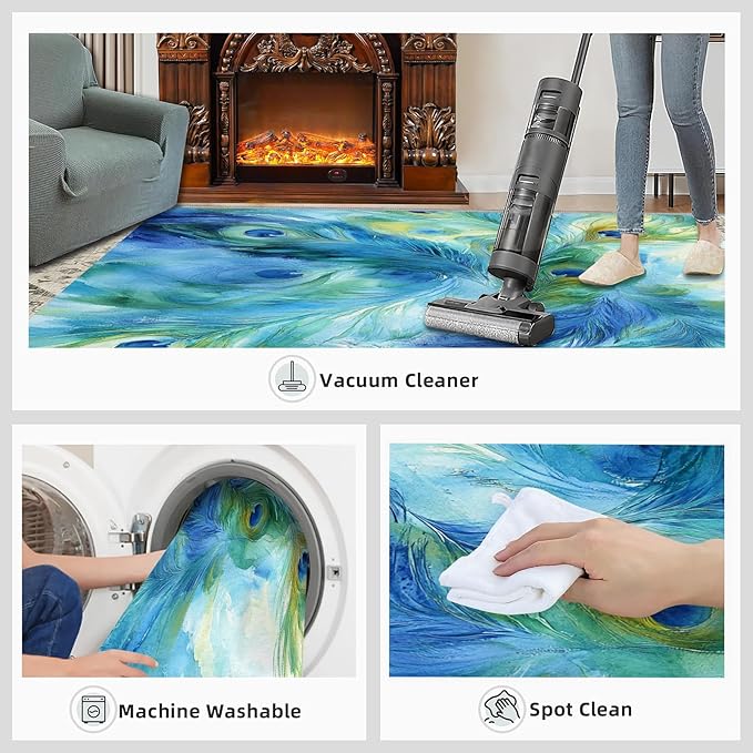 Peacock Feather Rug 5x7-5x7 Rug, Teal Turquoise Area Rugs for Bedroom, Malachite Green Feather Rugs for Living Room, Peafowl Washable Mat, Peacock Feather Carpet - Peafowl Home Decor & Gifts