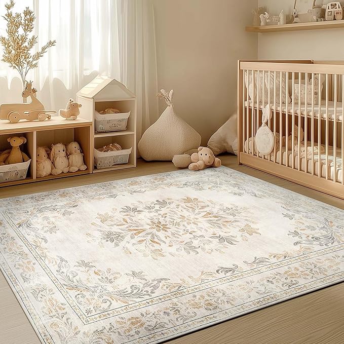 jinchan Vintage Floral 5x7 Area Rugs - Machine Washable Distressed Design Soft Ultra-Thin Low-Pile Non-Slip Carpet for Kitchen Bedroom Nursery Living Room Dining Room Home Office (5x7ft, Light Grey)