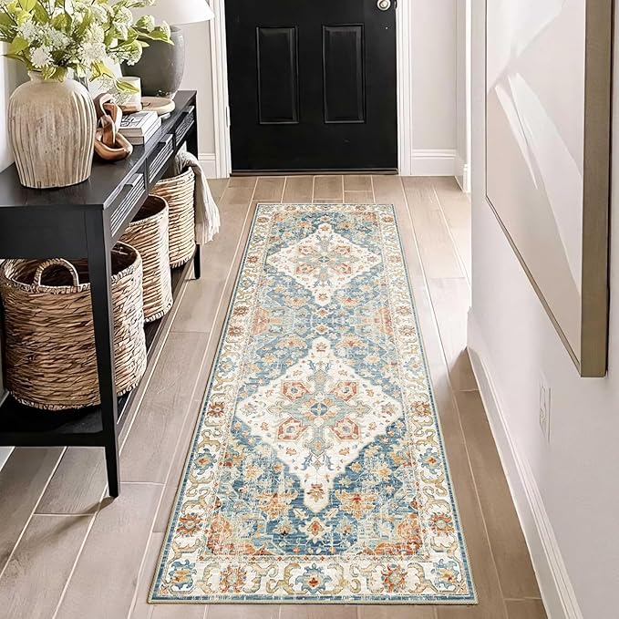 Enkor Runner Rugs for Hallway, 2x6 Washable Soft Non Slip Floor Rugs for Kitchen, Modern Mat for Living Room Bedroom Entryway Orange & Blue