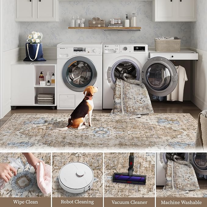 jinchan Kelda Area Rug 6x9 Washable Living Room Rug Vintage Soft Indoor Large Floor Cover Retro Distressed Mat Accent Lightweight Non-Slip Thin Carpet for Kitchen Bathroom Bedroom Brick Red