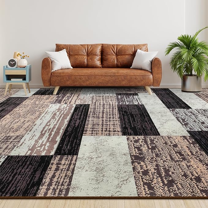 Large Area Rugs,Modern Geometric Patchwork Floor Decor for Bedroom Aesthetic Carpet, Rockwood Collection, Indoor Rugs for Living Room Dining Room Nursery Office Machine Washable Rug, 4x6 Ft Chocolate