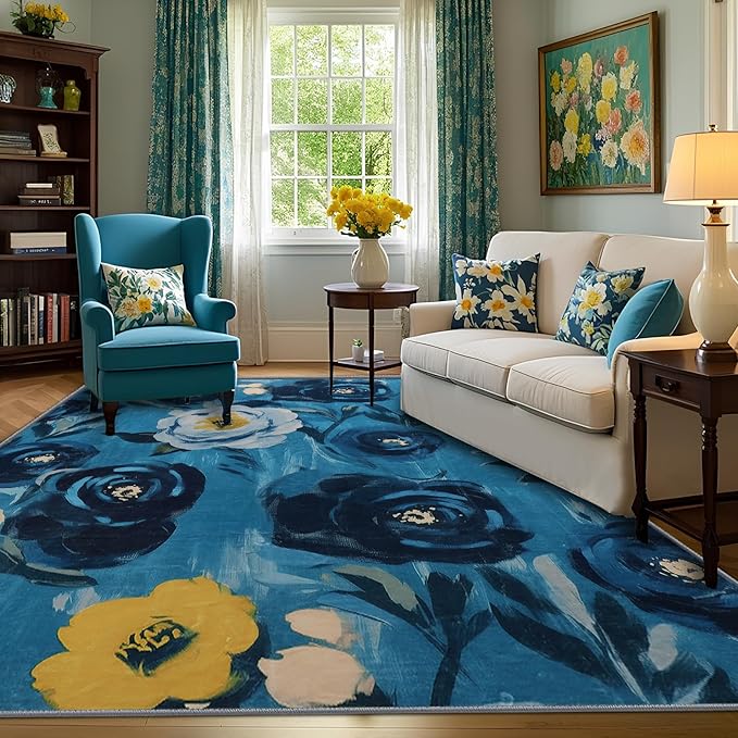 5x7 Camellia Floral Rugs, Modern Washable Flower Pattern Area Rug for Bedroom, Soft Large Non-Slip Kitchen Carpet Floor Door Mat for Living Room Dining Room Office - Navy Blue
