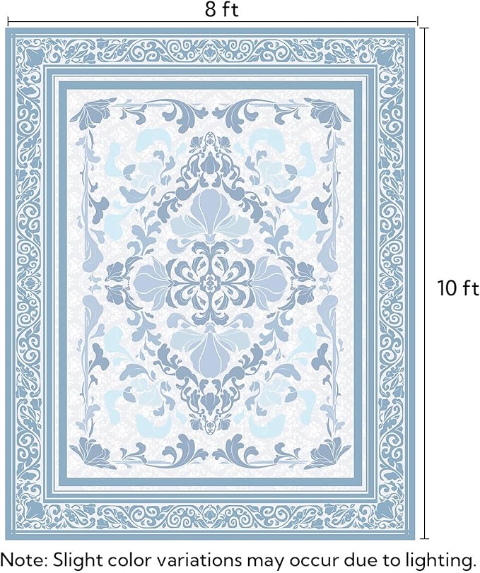 SOULFUL Medium Pile 8x10 Rugs for Living Room - Soft Foot Feel Large Area Rug - Mist Blue Boho Floral - Washable Non-Slip - Perfect for Bedroom Kids Room Under Dining Table Office