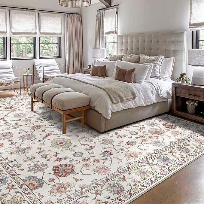 Washable Area Rug 8x10 - Large Cream Colorful Boho Rugs for Living Room Soft Vintage Bedroom Rug Ultra-Thin Traditional Floral Carpet Farmhouse Rug for Dining Room Guest Room Home Decor
