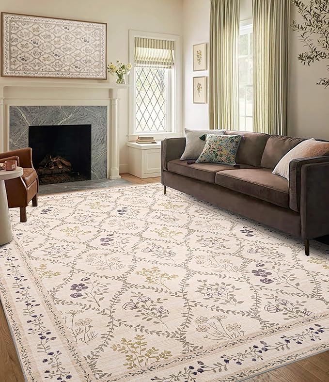 YIHOUSE Beige Floral Print Rugs, Moroccan Trellis 10x14 Washable Large Rug, Modern Pastel Non Slip Ultra-Thin Area Rug for Classroom, Nursery Playroom,Dorm,Bedroom,Living Room, Beige Multi