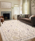 YIHOUSE Beige Floral Print Rugs, Moroccan Trellis 10x14 Washable Large Rug, Modern Pastel Non Slip Ultra-Thin Area Rug for Classroom, Nursery Playroom,Dorm,Bedroom,Living Room, Beige Multi
