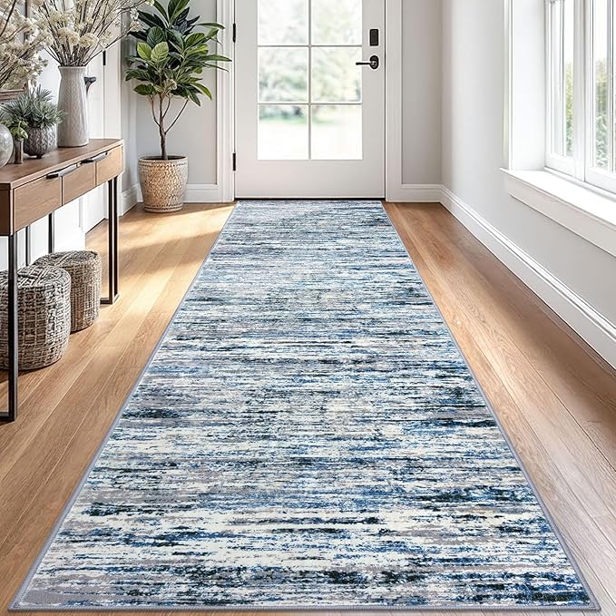 Modern Abstract Runner Rug 2.6x10, Grey Blue White Washable Long Kitchen Runner Non-Slip Soft Hallway Rug Runner Thin Print Faux Wool Carpet for Entryway Bedroom Laundry Room Indoor Home Decor