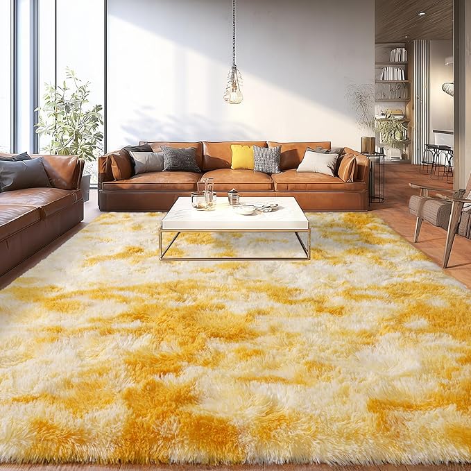 Upgrade Non-Slip Plush Rugs for Living Room, Soft Shaggy Carpets for Living Room, Fuzzy Rugs for Kids' Room, Perfect Decor for Modern Home Tie Dye Yellow 8x10Feet