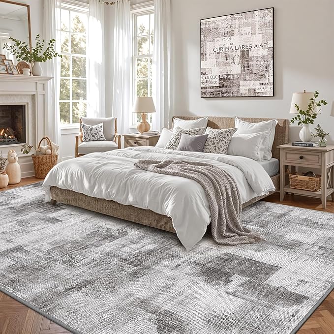 LUMI 4x6 Washable Low-Pile Area Rug for Living Room, Ultra Soft Modern Neutral Grey Rugs Non Slip with Rubber Backing, High Traffic, Stain Resistant Carpets, Ideal for Bedroom, Dining Room