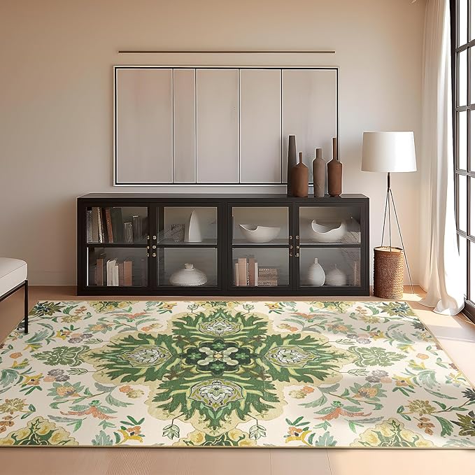 Phantoscope Washable Area Rug 4'x6' Non-Slip, Vintage Boho Rugs for Living Room, Bedroom, Dining Room, Neutral Green Floral Medallion Pattern, Low-Pile Foldable Floor Carpet, Forest Green/Cream