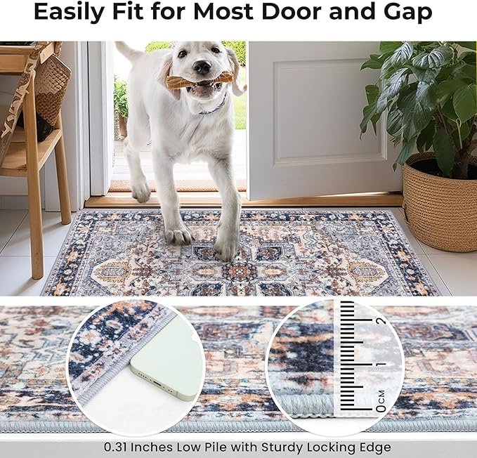 KOZYFLY Boho Area Rug 3x5 Ft Rugs for Entryway Washable Entry Rug Non Slip Door Mat Indoor Entrance Printed Faux Wool Throw Rugs for Entrance Front Porch Kitchen Living Room, Blue Gray/Cream