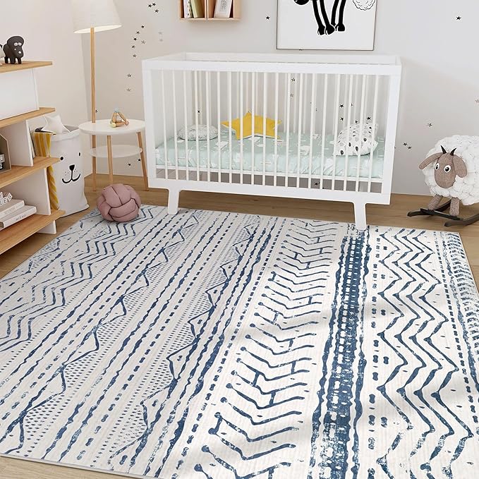 Nakagishi Area Rugs 8x10 Living Room: Washable Boho Large Neutral Soft Farmhouse Rug Stain Resistant Modern Moroccan Non-Slip Indoor Carpet for Bedroom Nursery Kids Playroom Office Dining Room- Navy