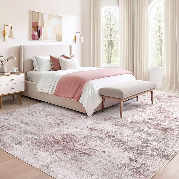 9x12 Area Rug Living Room Rugs - Washable Neutral Modern Abstract Soft Thin Large Rug Indoor Floor No Slip Rug Carpet for Bedroom Under Dining Table Home Office Decor - Pink