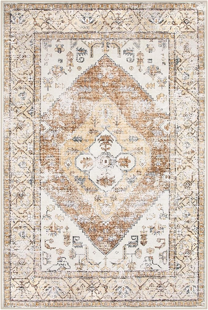 Lahome Rug for Living Room Machine Washable Area Rug 6x9 Boho Non Slip Bedroom Carpet Throw Ultra Thin Carpet for Dining Room, Farmhouse Neutral Print Soft Indoor Mat for Office Home (Taupe, 6'x9')