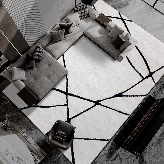 YIHOUSE Geometric 9x12ft Modern Washable Area Rug for Living Room Bedroom - Large Abstract Black and White Rug Non-Slip Ultra-Thin Home Decor