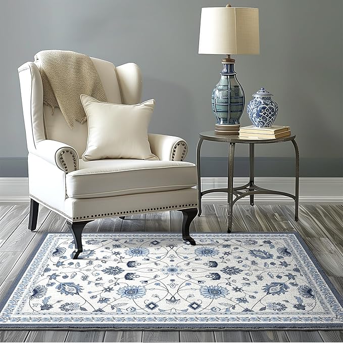 EVERGRACE Area Rugs for Living Room 3x5, Boho Floral Faux Wool Indoor Outdoor Rugs, Washable Rugs for Bedroom Entryway Dining Room Hallyway, Low Pile Floor Mat Carpet for Home Decor, Porcelain Blue