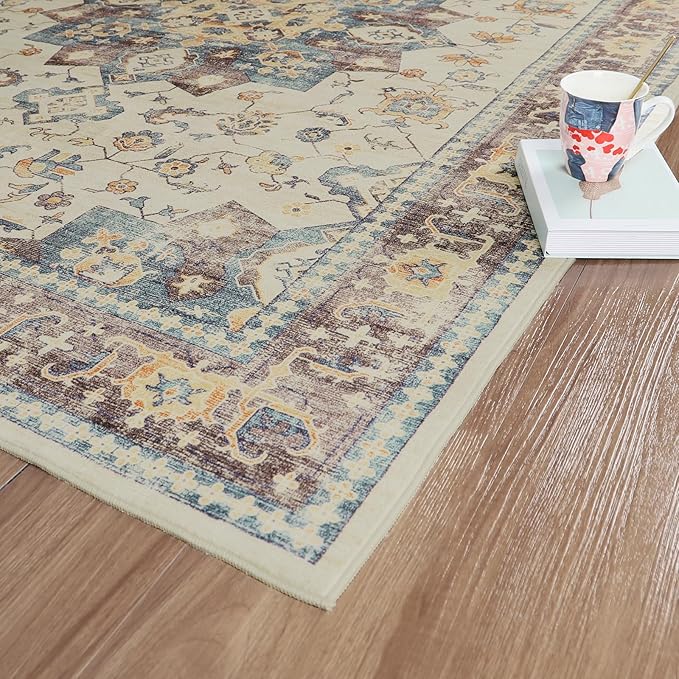 Dripex Vintage 5x7 Area Rugs -Large Washable Area Rug for Living Room Bedroom Oriental Medallion Floral Print Floor Carpet Low-Pile Indoor Soft Non-Slip Accent Rug Farmhouse Home Office Decor