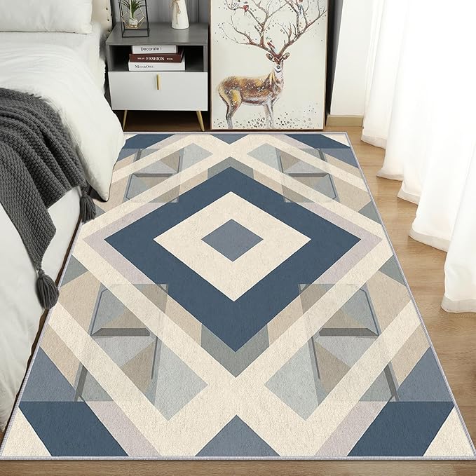 Geometric Rug, Washable 3x4 Rug for Living Room, Modern Abstract Patterned Indoor Carpet, Geometric Decor for Home, Bedroom, Soft Non Slip Thin Design FER93