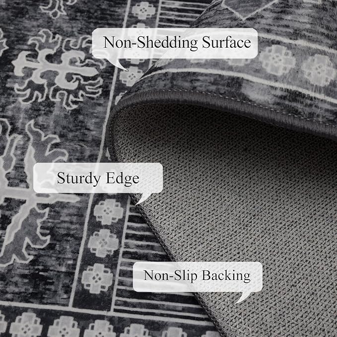 Washable Area Rugs 8x10, Large Rugs for Living Room, Carpet for Bedroom, Soft Faux Wool Retro Dining Room Rug, Non-Slip Backing Resistant Low Pile Vintage Print Rug for Home Office (Grey)