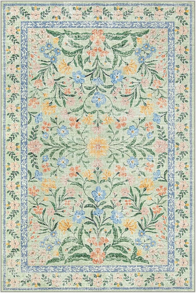 Morebes Boho Washable 6x9 Area Rugs for Living Room, Soft Vintage Floral Girls Bedroom Rug Non Slip, Indoor Floor Carpet for Nursery Kids Playroom Home Office, Green/Multi